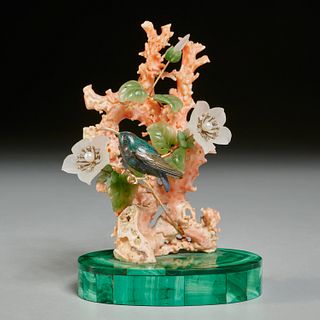Jeweled coral, hardstone floral model bibelot