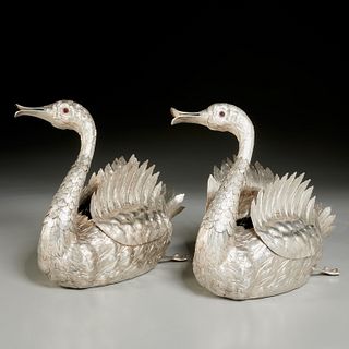 Pair Manuel Alcino .833 silver swan centerpieces