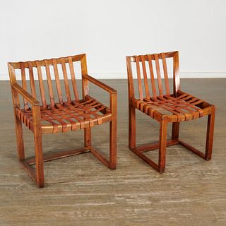 Hermann Herrey, (2) oak and leather chairs