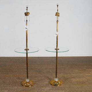 Nice pair Modernist brass, glass lamp tables