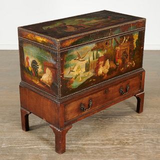 English painted leather carriage trunk on stand