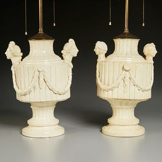Near pair English creamware garniture lamps