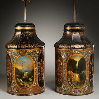 (2) English tole tea canister lamps, Parish-Hadley