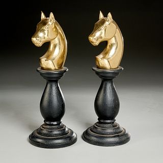 Pair Equestrian Knight chess piece andirons