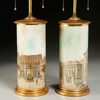 Pair Decalcomania glass table lamps