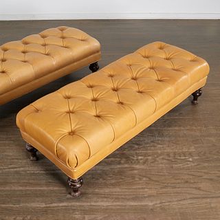 Pair William Sonoma Home tufted leather benches