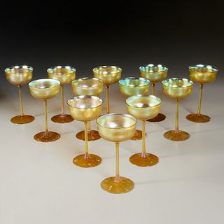 Tiffany Studios, (12) Favrile glass wine goblets