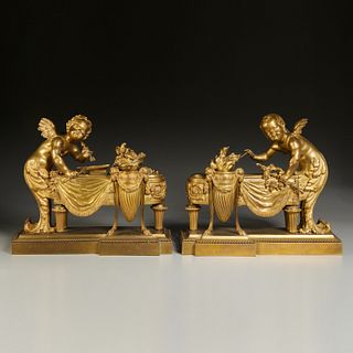 Pair large Louis XVI style dore bronze chenets