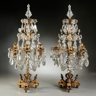 Great pair French bronze, rock crystal candelabra