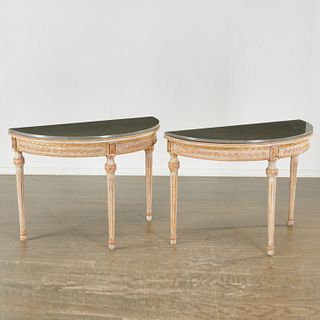 Pair Louis XVI style demilune console tables