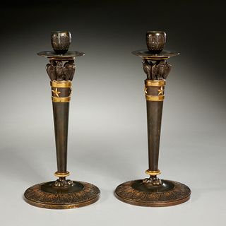 Pair Directoire parcel gilt bronze candlesticks
