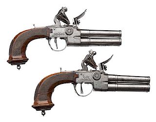 Scarce Pair of French Four-Barrel Tap Action Flintlock Pistols 