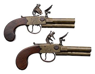 Rare Pair of British Three-Barrel Tap Action Brass Flintlock Pistols by Thomas 