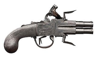 English Segallas Engraved Four-Barrel Side-by-Side Hammer Flintlock Pistol 