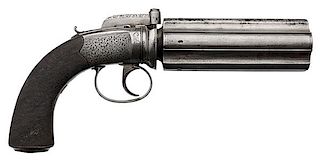 Large English Five-Barrel Engraved Percussion Pepperbox Pistol  