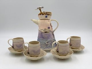 Handmade Porcelain Tea Service, Signed Puey