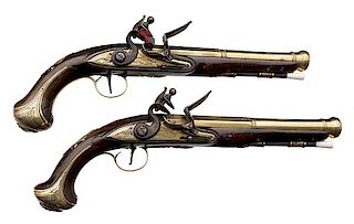 Pair of English Brass Cannon-Barrel Flintlock Pistols by Joyner, ca 1770 