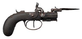 Double-Barrel Engraved “Stubby” Percussion Pistol with Spring Bayonet 