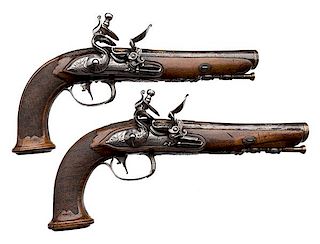 Pair of Fancy Italian Elliptical-Barrel Flintlock Pistols by Franchetti Minelli, ca 1800 