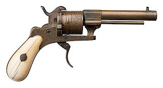 Scarce All-Brass Engraved Pinfire Folding Trigger Revolver 