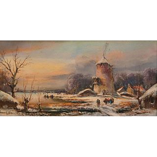 A. Brinkmann Oil on Panel Winter Lake Windmill