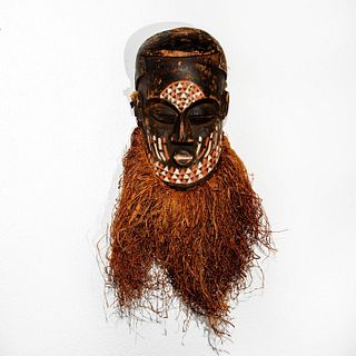 African Hand Carved Hand Painted Face Mask Straw Beard