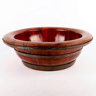 Vintage Extra Large Wooden Bowl with Copper Bands