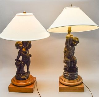 Pair of Composition Cherub Lamps