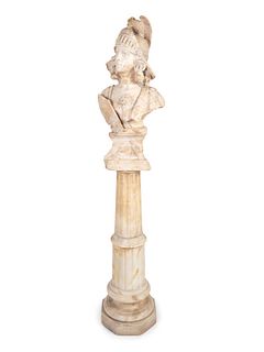 A European Carved Classical Style Alabaster Bust of Athena on Pedestal
Height of bust 33 inches; Height of pedestal 39 inches.