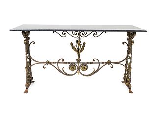 A Continental Cast Iron Marble Top Console 
Height 31 x width 60 x depth 24 inches.