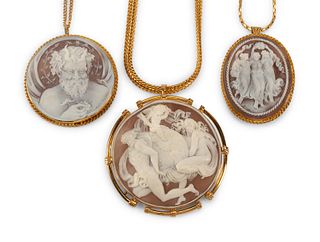 Three Italian Carved Cameos with Silver-Gilt Mounts
Height 3 inches.