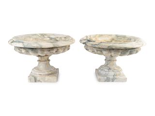A Pair of Italian Variagated Marble Campana-form Urns
Height 9 x diameter 14 inches.