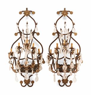 A Pair of Spanish Iron and Rock Crystal Five-Light Sconces
Height 52 x width 24 x depth 11 1/2 inches.