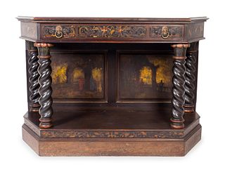 A Dutch Baroque Style Carved and Painted Mahogany  Console 
Height 36 x width 54 x depth 19 1/2 inches.