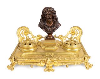 A Louis XV Style Gilt Bronze Encrier Mounted with Bronze Portrait Bust of Moliere
Height 8 1/2 x width 12 3/4 inches.