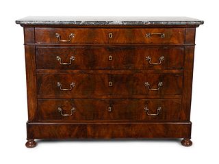 An Empire Style Figured Mahogany  Marble Top Chest of Drawers
Height 36 x width 50 x depth 21 1/2 inches.