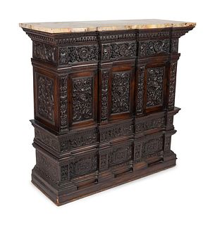 A Henry IV Style Carved Walnut Marble Top Console
Height 48 1/2 x width 51 x depth 18 inches.