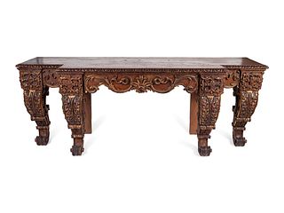 A George II Style Carved Mahogany and Parcel-Gilt Console Table
Height 38 x width 96 x depth 8 1/2 inches.