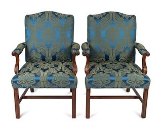 A Pair of Georgian Revival Mahogany Open Armchairs Height 42 1/2 x width 25 x depth 28 inches.