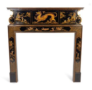An Edwardian Black and Gilt Chinoiserie Decorated Fireplace Surround Height 52 1/2 x width 49 3/4 x depth 6 1/4 inches.