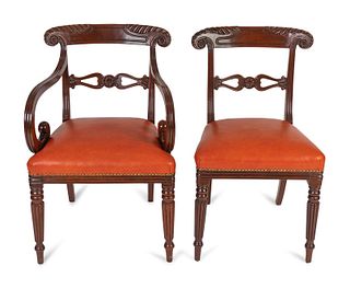 A Set of Seven Regency Mahogany Dining Chairs Attributed to Gillows Height 33 3/4 x width 22 x depth 23 Inches.