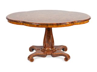 A Victorian Burl Wood and Satinwood Inlaid Turtle Top Parlor Table Height 30 x width 48 x depth 37 inches.