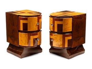 A Pair of Art Deco Style Burlwood and Parquetry Bedside Tables
Height 24 x width 15 1/2 x depth 20 inches.