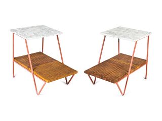 Two Maurizio Tempestino for Salterini Wrought Iron, Wicker and Marble Top Side Tables
Height 24 1/2 x width 32 x depth 17 inches.