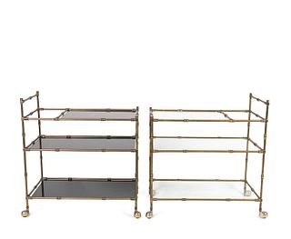 A Pair of Bronze Bar Carts
Height 29 1/2 x width 27 1/2 x depth 17 inches.
