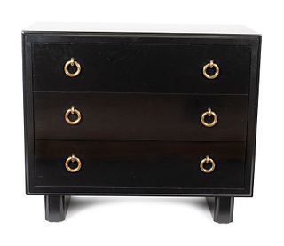 A Hollywood Regency Style Black Lacquer Chest of Drawers
Height 32 1/2 x width 38 x depth 18 inches.