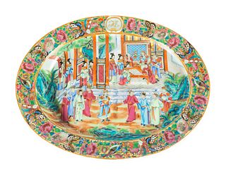 A Chinese Famille Rose Porcelain Well and Tree Platter
Length 19 x width 15 inches.