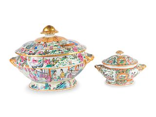 Two Chinese Famille Rose Porcelain Covered Tureens
Height of largest 11 x width 14 x depth 9 1/2 inches.