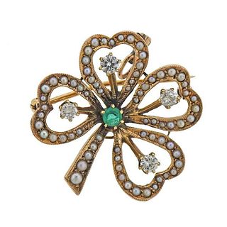 Antique 14k Gold Diamond Pearl Emerald Clover Brooch