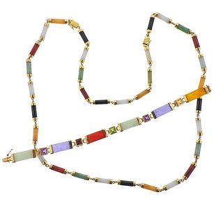 14k Gold Multi Color Jade Necklace Bracelet Set